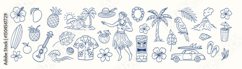 Hawaii set. A blue and white image with a variety of tropical fruits and animals. The image is a collage of different elements, including a guitar, a car, a boat, and a person wearing a Hawaiian shirt
