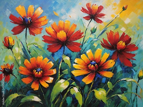 A vibrant painting of blooming flowers with red, orange, and yellow petals against lush green foliage and a bright blue sky.