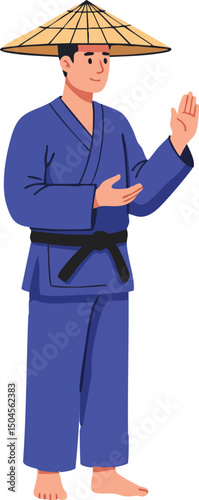 Martial arts practitioner wearing traditional blue gi and bamboo hat performing a stance vector illustration