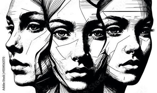 Fragmented abstract faces in vintage sketch and engraving illusion style