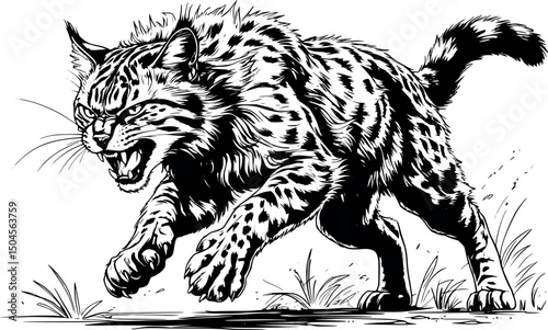 Vector engraving of a feral wildcat pouncing in rage isolated