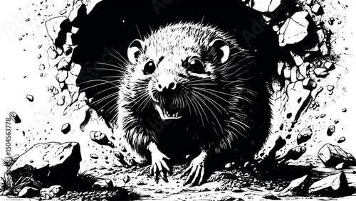 Engraved vector of crazed mole emerging from soil in fury