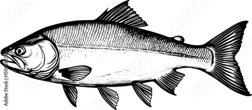 Salmon fish in detailed vintage engraving style on white