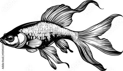 Guppy fish engraving in ornate vintage style on white background
