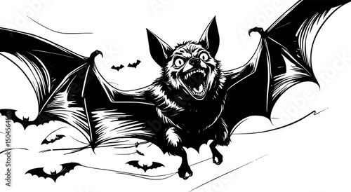 Wild screeching bat vector illustration engraved look