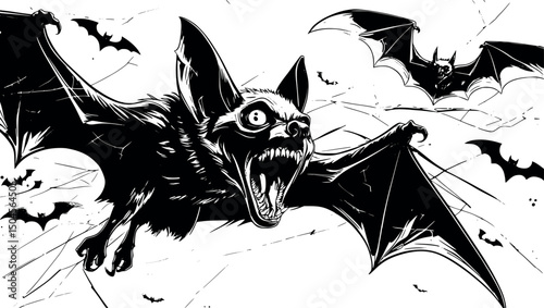 Wild screeching bat vector illustration engraved look