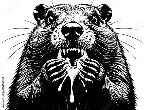 Wild angry beaver engraving-style vector illustration