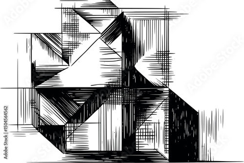 Cubist abstract vector background with vintage engraving hatch lines