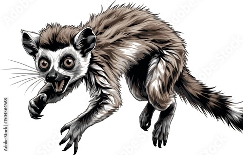 Enraged leaping lemur engraving-style vector illustration