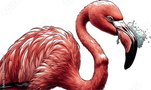 Mad flamingo in chaotic pose vector engraving illustration