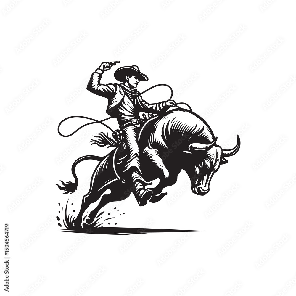 Naklejka premium Bull Rodeo Showdown – Cowboy Riding a Bucking Bull in Action
