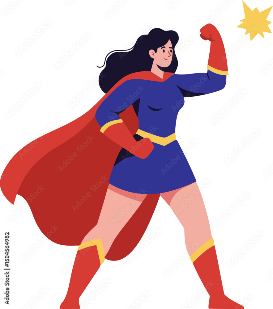 Fototapeta premium Female superhero character with red cape and blue costume showing strength and confidence vector illustration 