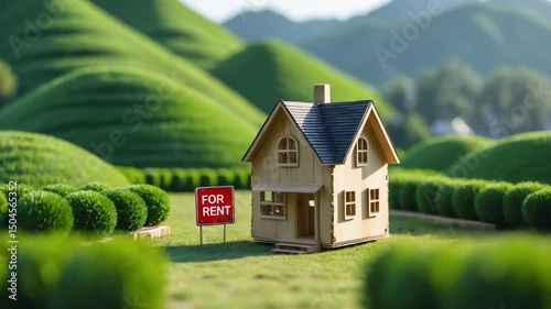 Tiny sign. House for sale. A miniature display with a toy wooden house on grass amidst hills or mountains. Conceptual footage.