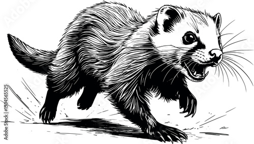 Lunging ferret with crazy eyes engraving vector illustration
