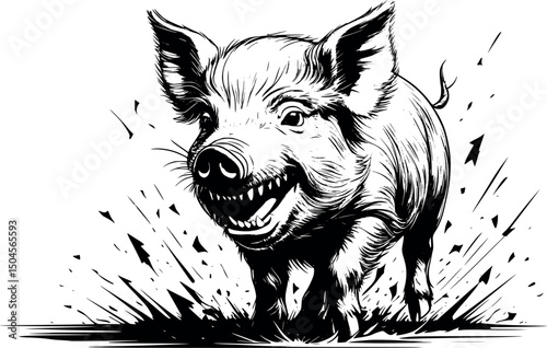 Feral piglet vector engraving illustration angry pose