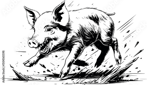 Feral piglet vector engraving illustration angry pose