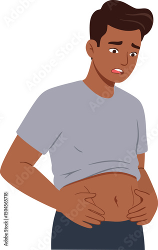 Worried man examining stomach fat and body shape with concern vector illustration 