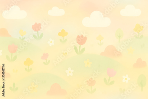 A whimsical and colorful illustration of a flower field, featuring soft pastel tones of tulips, daisies, and other blossoms, set against a gentle cloudy sky background.