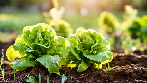 Butterhead lettuce growing in vegetable garden at sunset