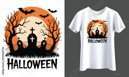 Halloween Vector Artwork Isolated from Background with Tombstones, Bats, and Bare Haunted Trees