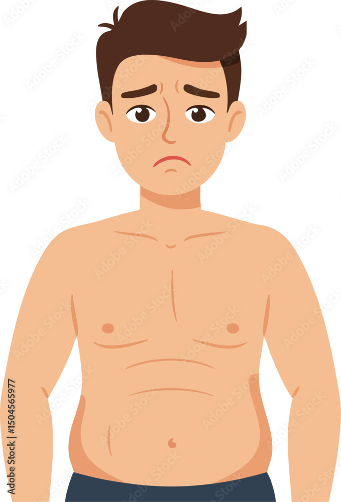 Fototapeta premium Sad man with worried expression and bare chest in vector illustration showing emotion and body language