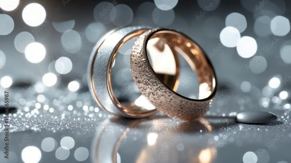 Sparkling silver bokeh backdrop featuring rings. Shallow depth of field. Area for text.