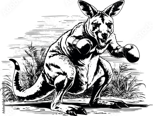 Wild kangaroo in fight mode vector engraving illustration