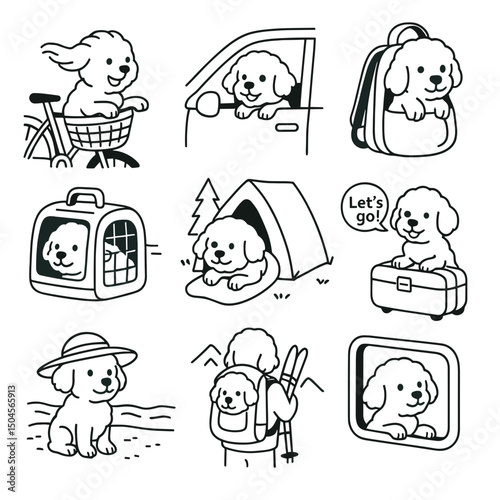 Maltipoo dog vector icons set in various travel activities for kids  