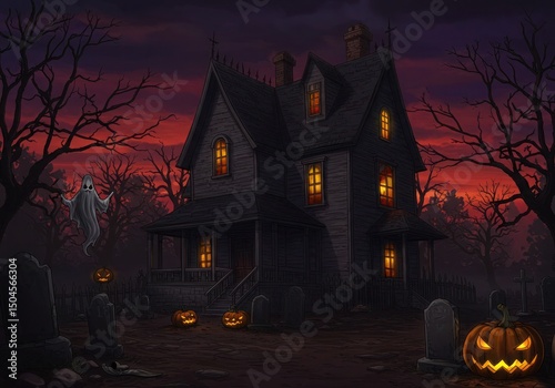 Haunted house Halloween spectacle in twilight