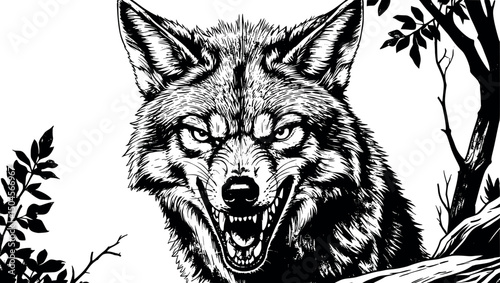 Feral coyote illustration in vector engraving style isolated