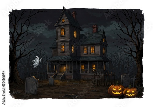 Haunted house with ghostly visitor at night