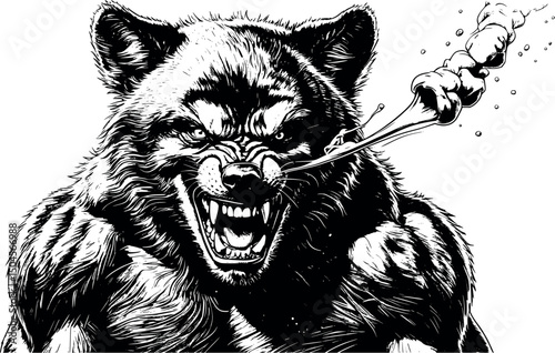 Engraved vector of a raging wolverine in attack mode on white
