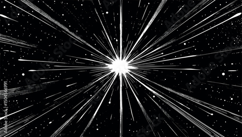 Cosmic abstract engraving background with starlight rays in vintage monochrome