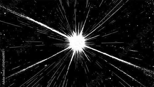 Cosmic abstract engraving background with starlight rays in vintage monochrome