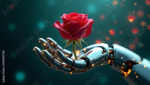 A robot hand holds a bright red rose on a blue background with glowing particles.