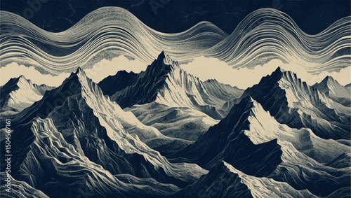 Surreal mountain abstract background in engraved vintage texture style