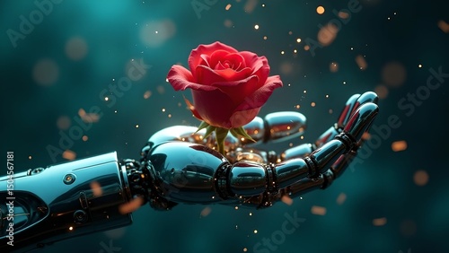 A robot hand holds a bright red rose on a blue background with glowing particles.