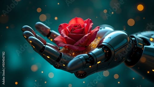 A robot hand holds a bright red rose on a blue background with glowing particles.