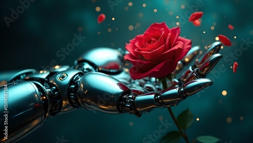 A robot hand holds a bright red rose on a blue background with glowing particles.