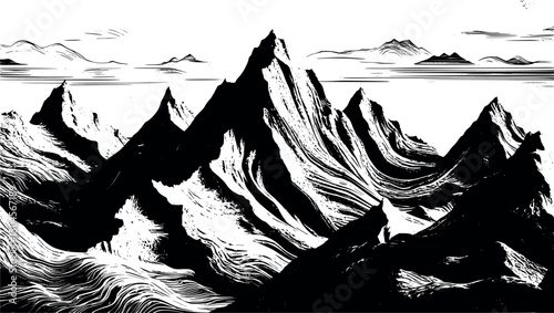 Surreal mountain abstract background in engraved vintage texture style