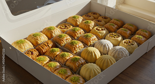 Open bakery box with Lebanese sweets arranged inside, soft morning light from window, traditional dessert assortment with cozy and inviting presentation