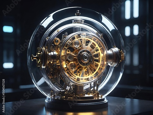 A futuristic mechanical device encased in a transparent sphere, featuring intricate gears and glowing components, set against a dark background.