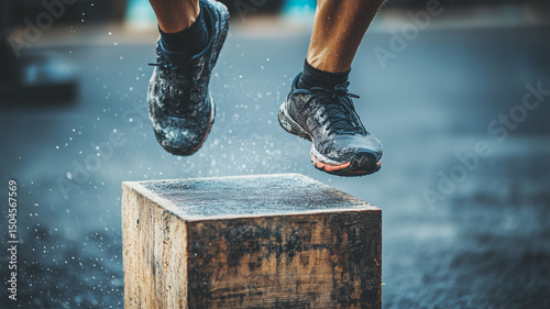 Jumping onto a wooden box during CrossFit workout
