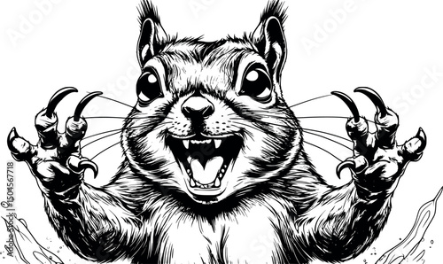 Crazy squirrel with wild expression in vector engraving style