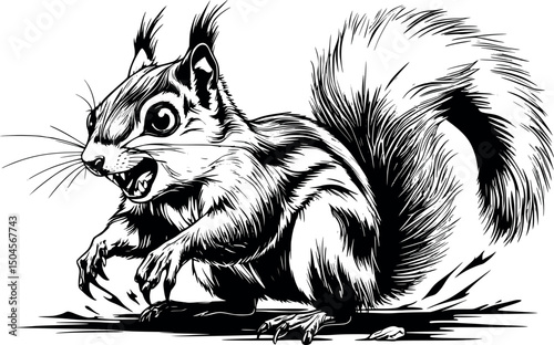 Crazy squirrel with wild expression in vector engraving style