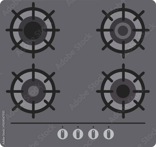 Gas stove with four burners and control knobs modern kitchen appliance vector illustration 