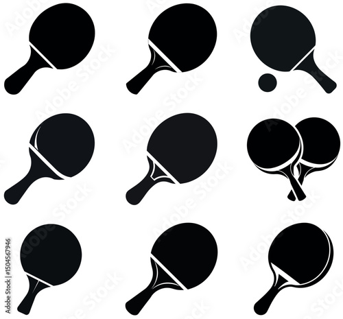 Table Tennis Paddles and Ball Icons Set - Black Silhouette Vector Illustrations