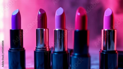 Colorful lipsticks arranged creatively on a marble surface with soft pink smoke in the background