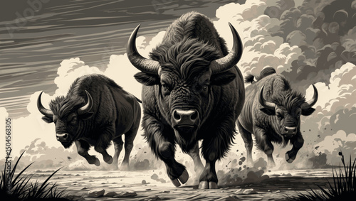 Charging bison in wild rage vector engraving illustration