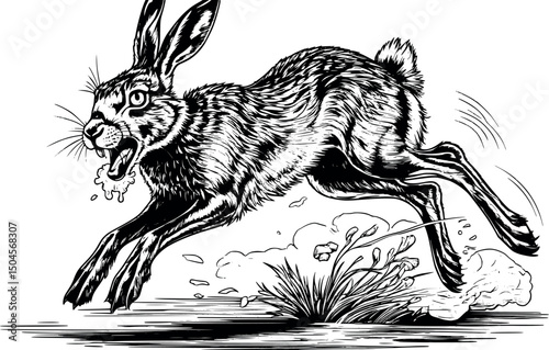 Rabid hare in vector engraving style isolated on white